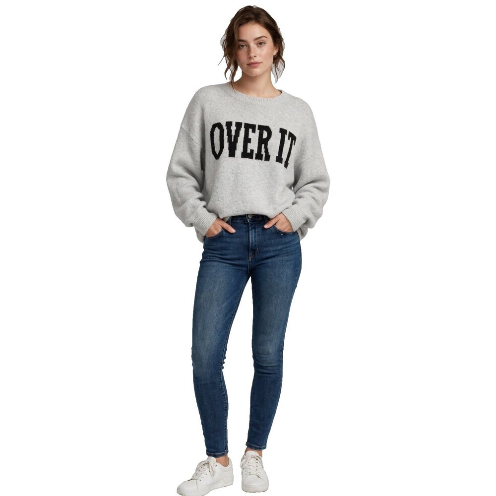 OVER IT Sweater XL Gray Black Logo Crewneck Oversized Knit NWT Hooked Up